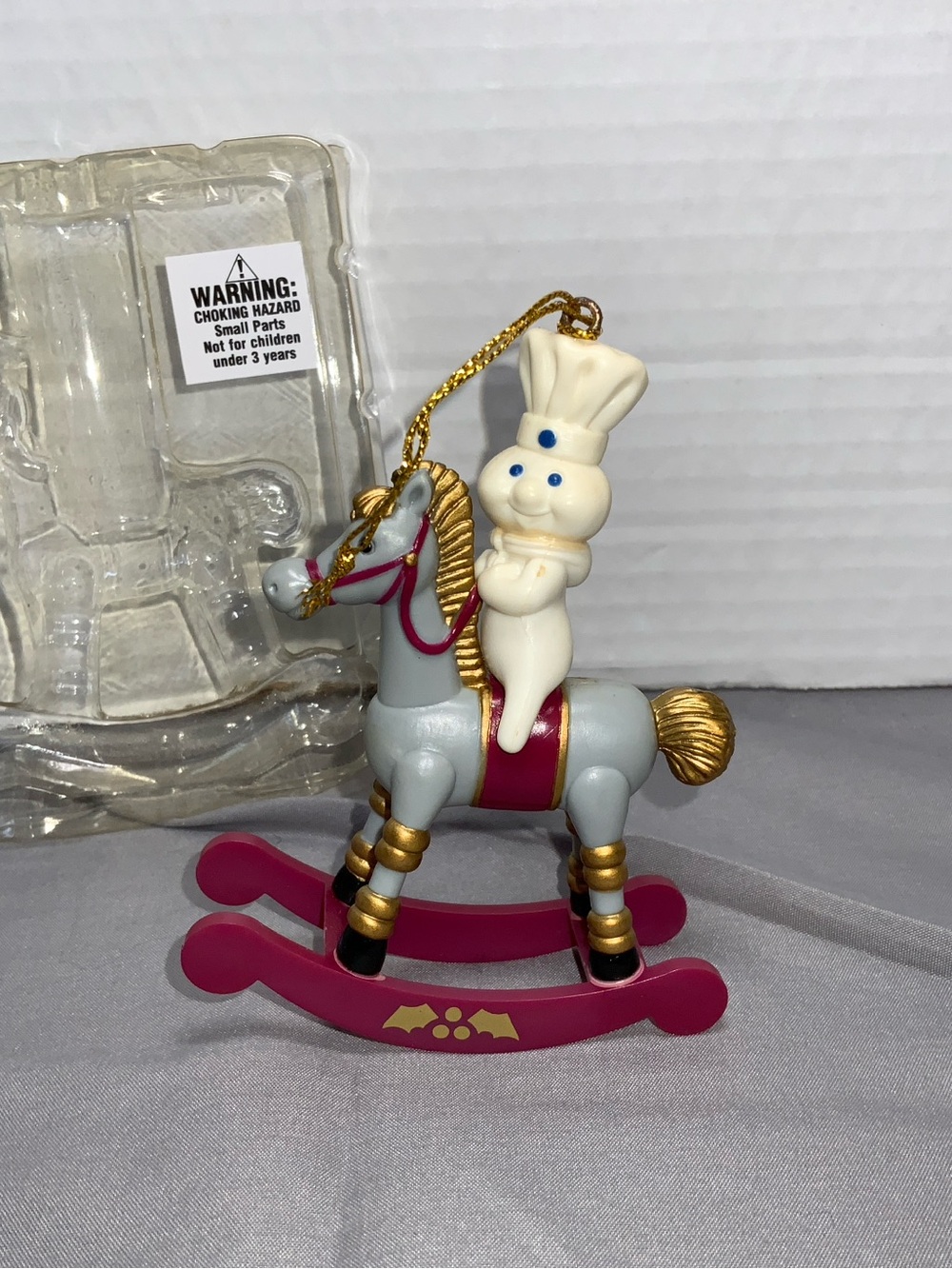 Vintage 1999 Pillsbury Doughboy on Gray & Pink Rocking Horse Ornament